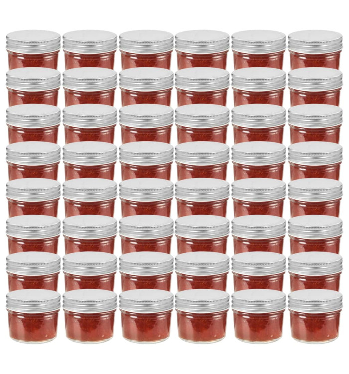 48 pcs Pots à confiture avec couvercles argentés Verre 110 ml | Mobilier & Déco