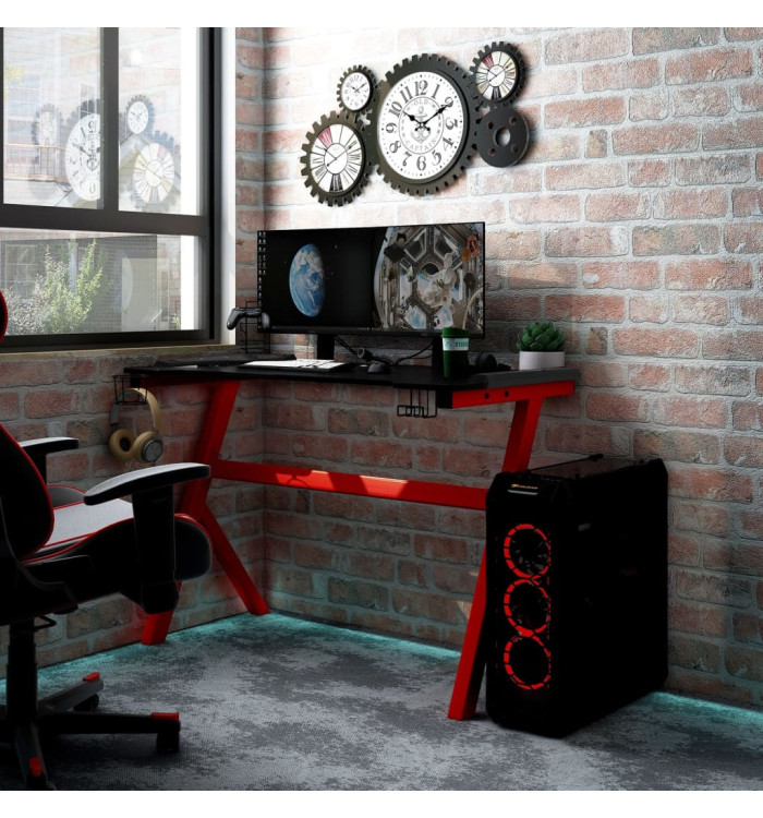 Bureau de jeu à LED en forme de Y noir et rouge 110x60x75 cm | Mobilier & Déco