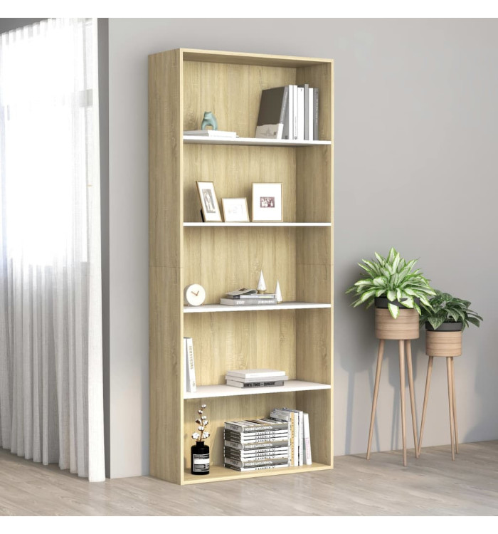 Bibliothèque à 5 niveaux Blanc chêne sonoma Bois d’ingénierie | Mobilier & Déco