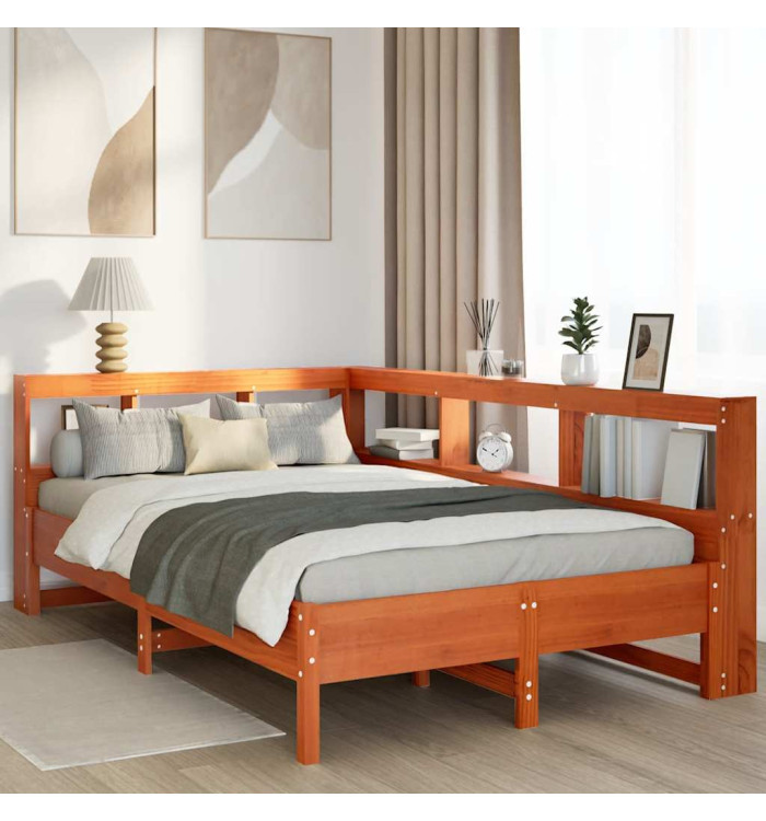 Lit bibliothèque sans matelas cire marron 120x190cm pin massif | Mobilier & Déco