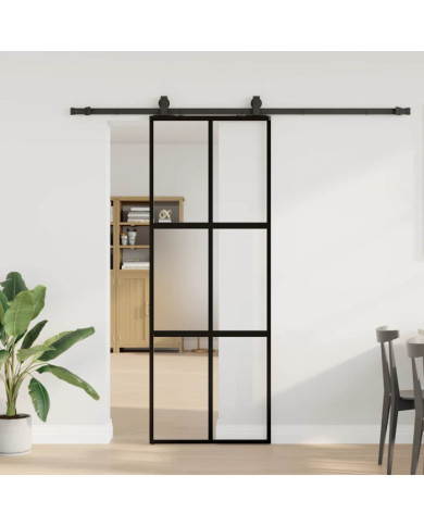 Porte coulissante kit quincaillerie noir 76x205 cm verre trempé | Mobilier & Déco