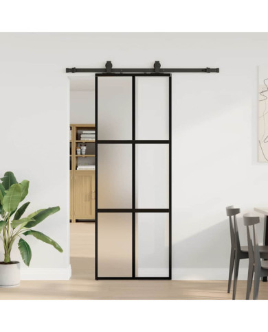 Porte coulissante kit quincaillerie noir 76x205 cm verre trempé | Mobilier & Déco