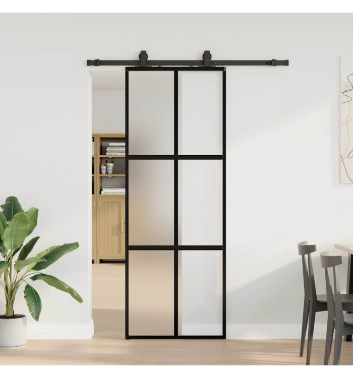 Porte coulissante kit quincaillerie noir 76x205 cm verre trempé | Mobilier & Déco