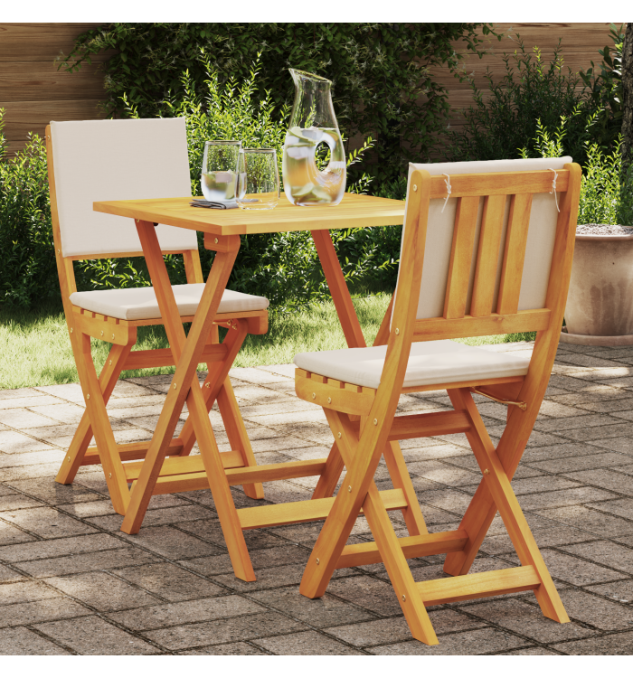 Ensemble Bistro Pliable de 3 Pièces avec Coussins en Bois Massif d'Acacia | Mobilier & Déco