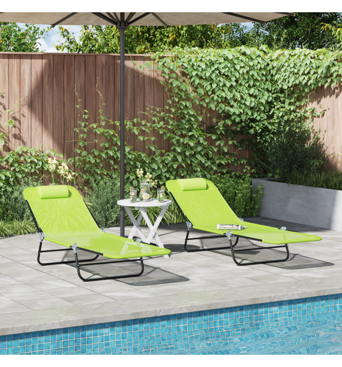 Chaises longues pliantes 2 pcs avec appui-tête en Textilène verte | Mobilier & Déco