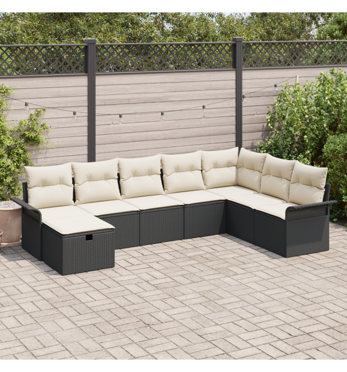 Ensemble de canapés de jardin 8 pièces avec coussins en poly rotin noir | Mobilier & Déco