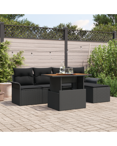 Ensemble de canapé de jardin 6 pièces avec coussins noirs en poly rotin | Mobilier & Déco