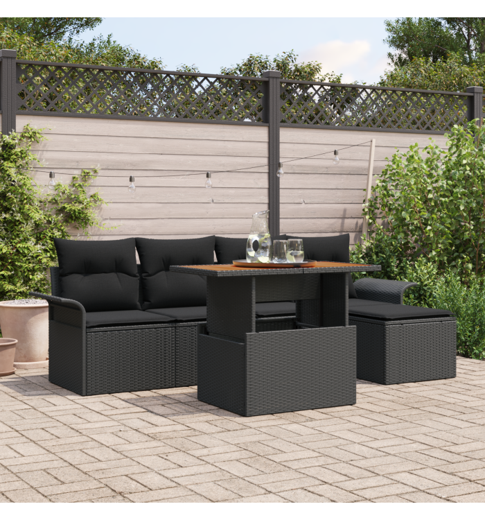 Ensemble de canapé de jardin 6 pièces avec coussins noirs en poly rotin | Mobilier & Déco