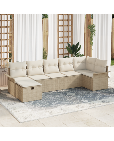 Ensemble de canapé de jardin 7 pièces avec coussins beige en poly rattan | Mobilier & Déco