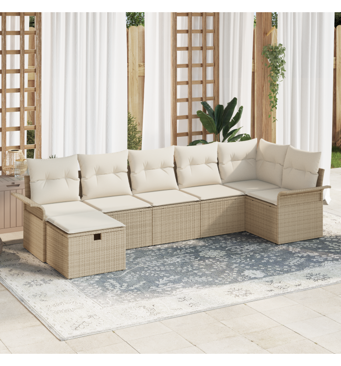 Ensemble de canapé de jardin 7 pièces avec coussins beige en poly rattan | Mobilier & Déco