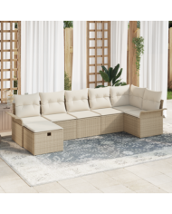 Ensemble de canapé de jardin 7 pièces avec coussins beige en poly rattan | Mobilier & Déco