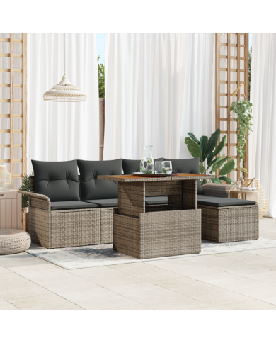 Ensemble de Canapé de Jardin 6 Pièces avec Coussins Gris en Rattan Poly | Mobilier & Déco