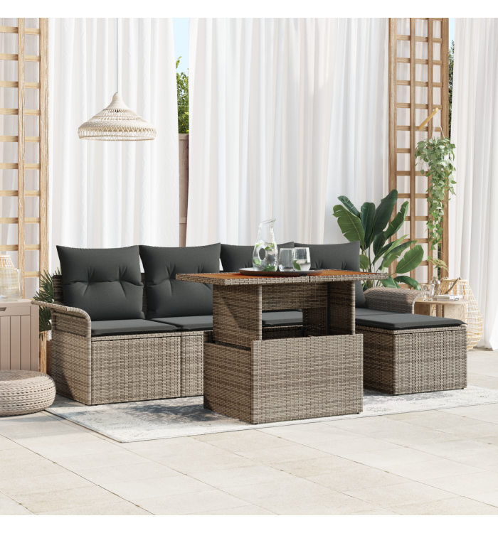 Ensemble de Canapé de Jardin 6 Pièces avec Coussins Gris en Rattan Poly | Mobilier & Déco