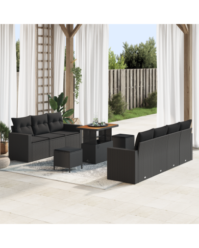 Ensemble de canapé de jardin de 10 pièces avec coussins en rattan poly noir acacia | Mobilier & Déco