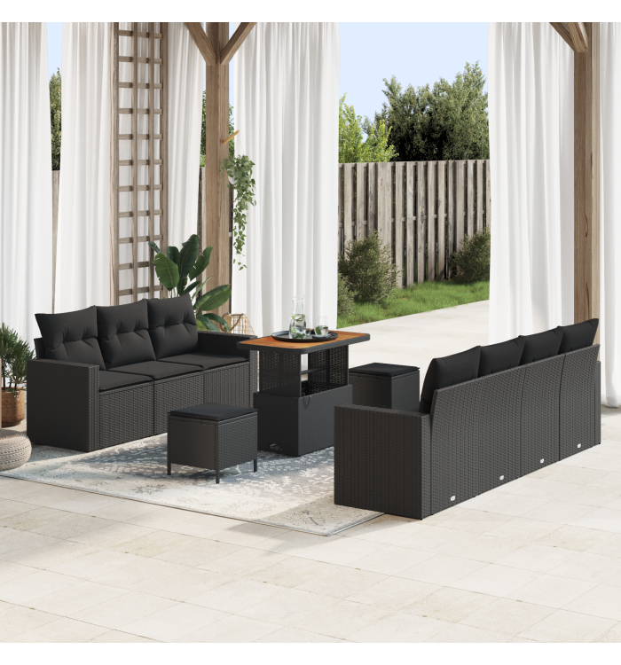 Ensemble de canapé de jardin de 10 pièces avec coussins en rattan poly noir acacia | Mobilier & Déco