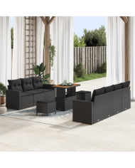 Ensemble de canapé de jardin de 10 pièces avec coussins en rattan poly noir acacia | Mobilier & Déco