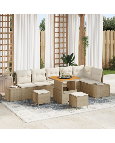 Canapés de jardin 9 pièces avec coussins beige rotin acacia | Mobilier & Déco