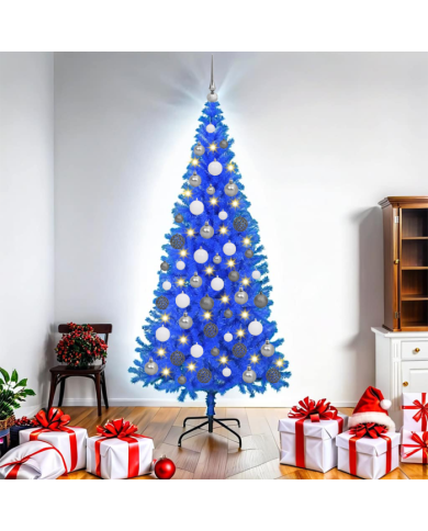 Sapin Noël artificiel bleu avec LED et boules 180 cm PVC | Mobilier & Déco