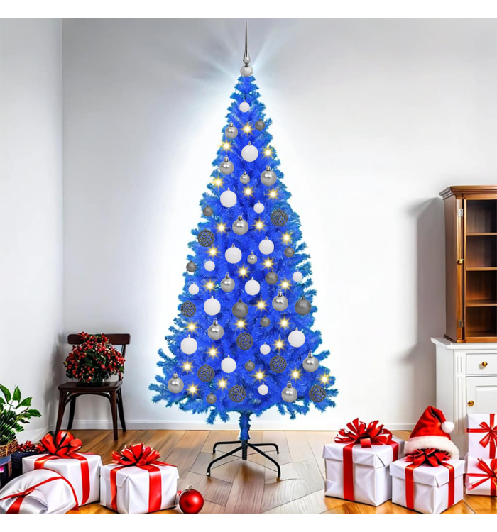Sapin Noël artificiel bleu avec LED et boules 180 cm PVC | Mobilier & Déco