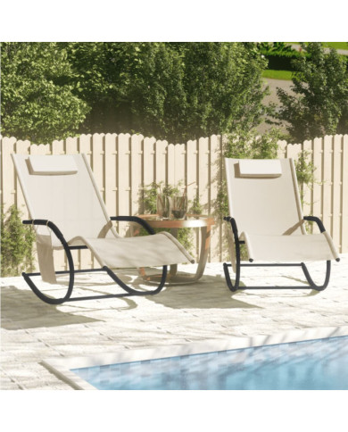 Chaises longues à bascule lot de 2 crème acier et textilène | Mobilier & Déco