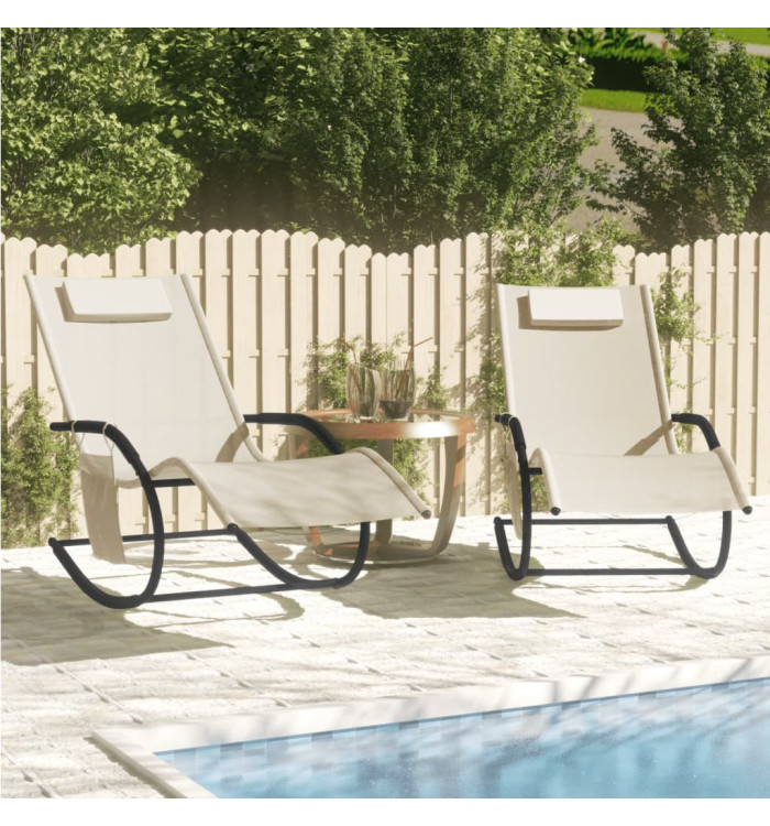 Chaises longues à bascule lot de 2 crème acier et textilène | Mobilier & Déco
