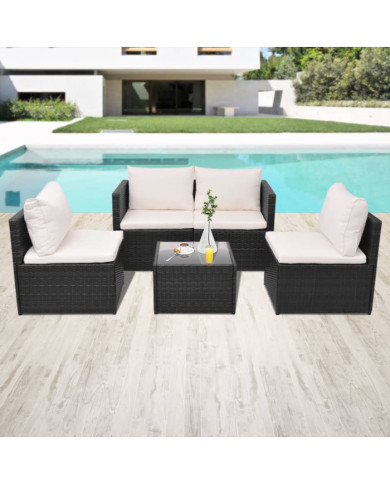 Salon de jardin 5 pcs avec coussins résine tressée noir | Mobilier & Déco