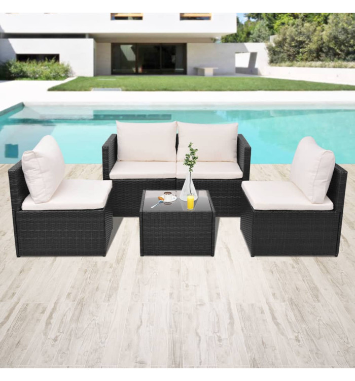 Salon de jardin 5 pcs avec coussins résine tressée noir | Mobilier & Déco