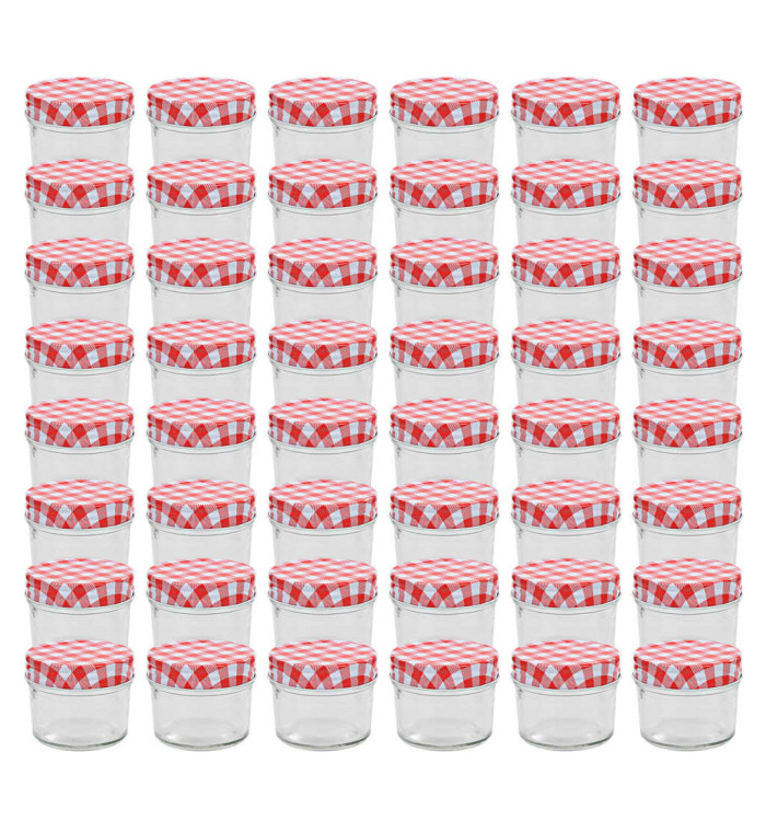 48 pcs Pots à confiture Couvercles blanc et rouge Verre 110 ml | Mobilier & Déco