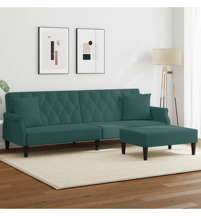 Canapé-lit à 2 places avec oreillers et repose-pied vert foncé | Mobilier & Déco