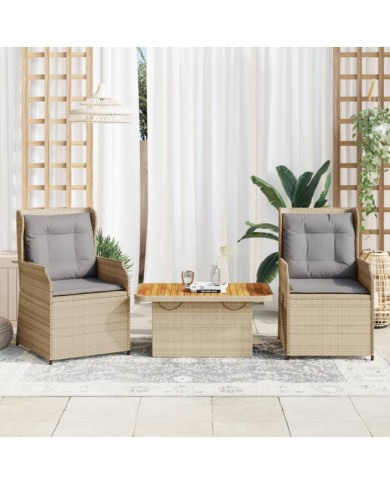 Salon de jardin avec coussins 3 pcs beige résine tressée | Mobilier & Déco