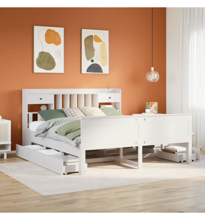 Lit bibliothèque sans matelas blanc 180x200 cm bois pin massif | Mobilier & Déco
