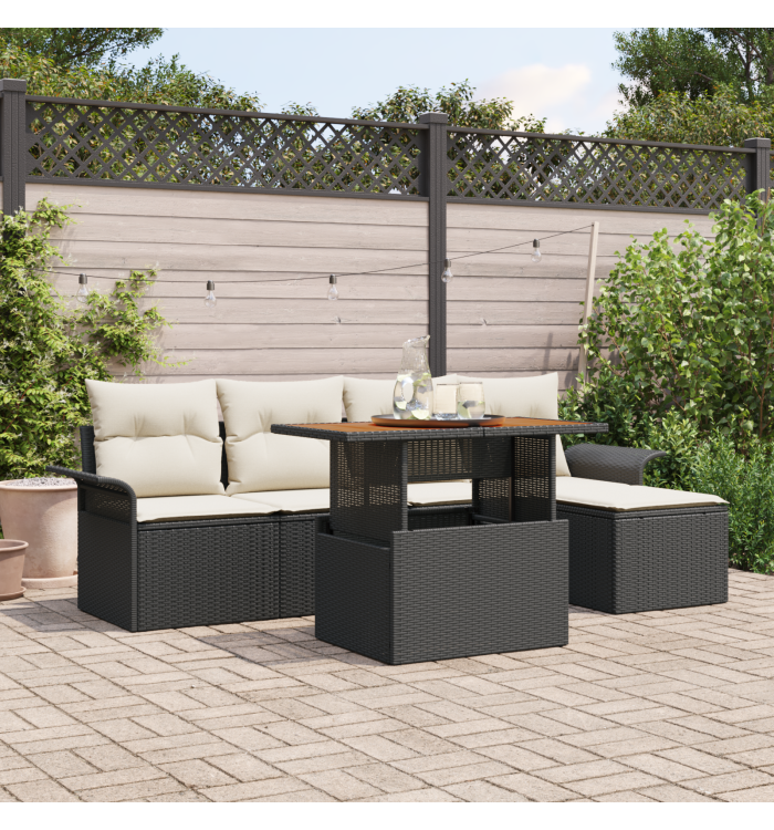 Ensemble de Canapé de Jardin de 6 Pièces avec Coussins en Rattan Poly Noir | Mobilier & Déco