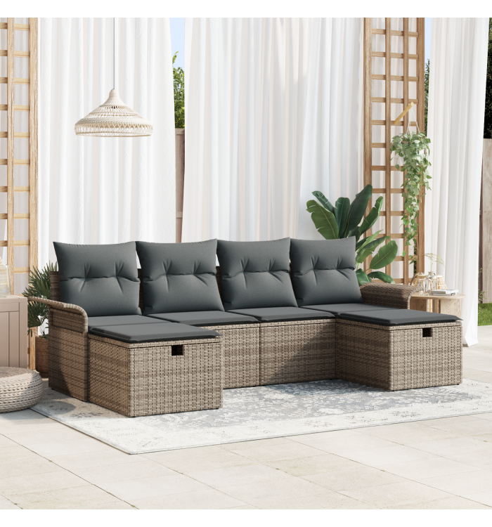 Ensemble de canapé de jardin 6 pièces avec coussins gris en poly rotin | Mobilier & Déco