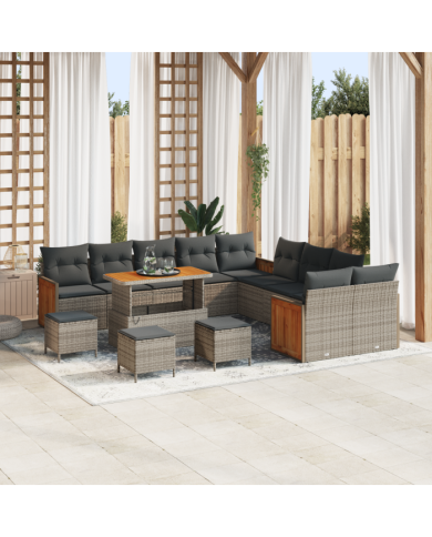 Ensemble de Canapés de Jardin 14 Pièces avec Coussins Gris Rattan Poly Acacia | Mobilier & Déco