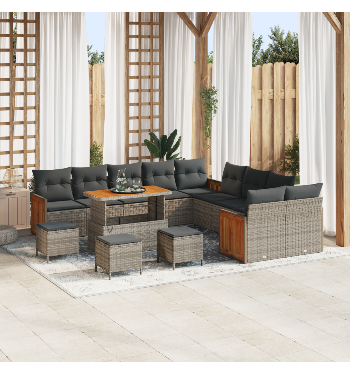 Ensemble de Canapés de Jardin 14 Pièces avec Coussins Gris Rattan Poly Acacia | Mobilier & Déco