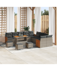 Ensemble de Canapés de Jardin 14 Pièces avec Coussins Gris Rattan Poly Acacia | Mobilier & Déco