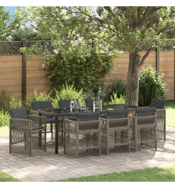 Ensemble de salle à manger de jardin 9 pièces avec coussins Gris Poly Rattan | Mobilier & Déco