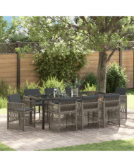 Ensemble de salle à manger de jardin 9 pièces avec coussins Gris Poly Rattan | Mobilier & Déco