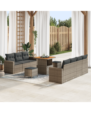 Canapés de jardin de 10 pièces avec coussins gris poly rotin acacia | Mobilier & Déco