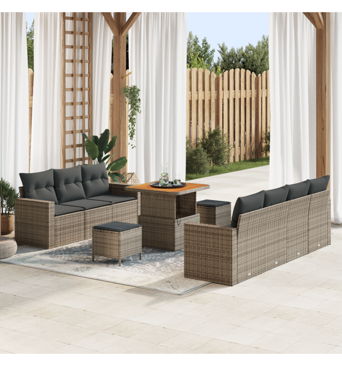 Canapés de jardin de 10 pièces avec coussins gris poly rotin acacia | Mobilier & Déco
