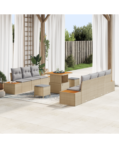 Ensemble de Sofa de Jardin de 10 Pièces avec Coussins Beige Poly Rattan Acacia | Mobilier & Déco