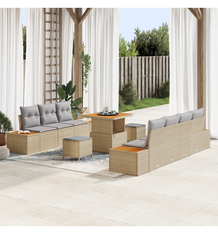 Ensemble de Sofa de Jardin de 10 Pièces avec Coussins Beige Poly Rattan Acacia | Mobilier & Déco