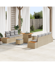 Ensemble de Sofa de Jardin de 10 Pièces avec Coussins Beige Poly Rattan Acacia | Mobilier & Déco