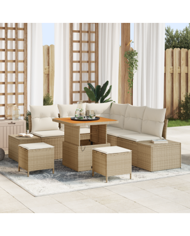 Ensemble de canapé de jardin 8 pièces avec coussins beige en poly rattan et acacia | Mobilier & Déco