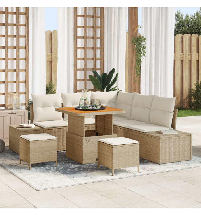 Ensemble de canapé de jardin 8 pièces avec coussins beige en poly rattan et acacia | Mobilier & Déco