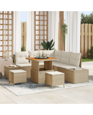 Ensemble de canapé de jardin 8 pièces avec coussins beige en poly rattan et acacia | Mobilier & Déco