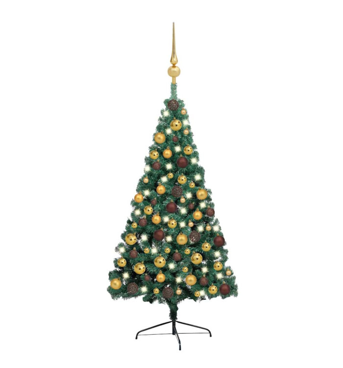 Demi-arbre de Noël artificiel pré-éclairé et boules vert 150 cm | Mobilier & Déco