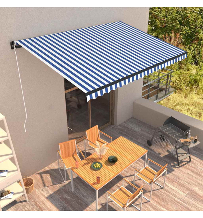 Auvent manuel rétractable 450x300 cm Bleu et blanc | Mobilier & Déco