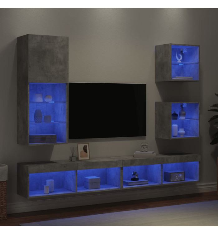 Unités murales TV avec LED 5 pcs gris béton bois d'ingénierie | Mobilier & Déco