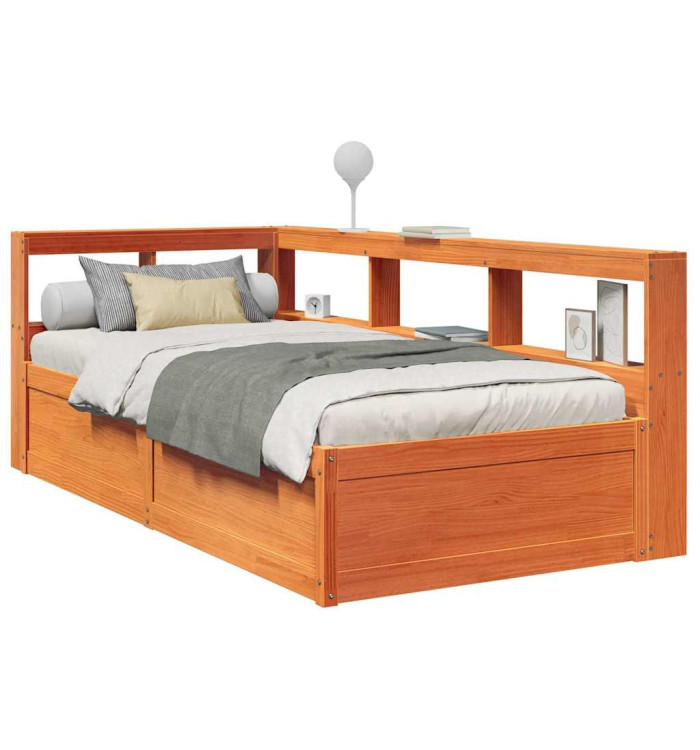 Lit bibliothèque sans matelas cire marron 90x200 cm pin massif | Mobilier & Déco